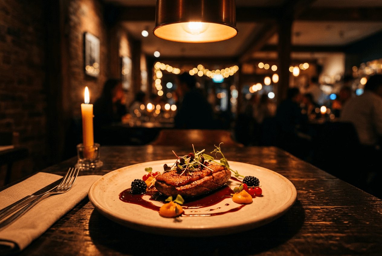 Scena di fotografia cibo in un ristorante poco illuminato che mostra la dominante cromatica delle luci tungsteno calde