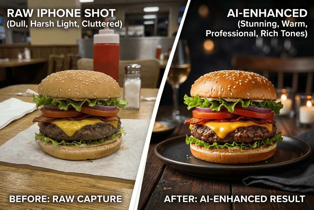 Prima e dopo del miglioramento foto cibo: dallo scatto iPhone al risultato di qualità professionale