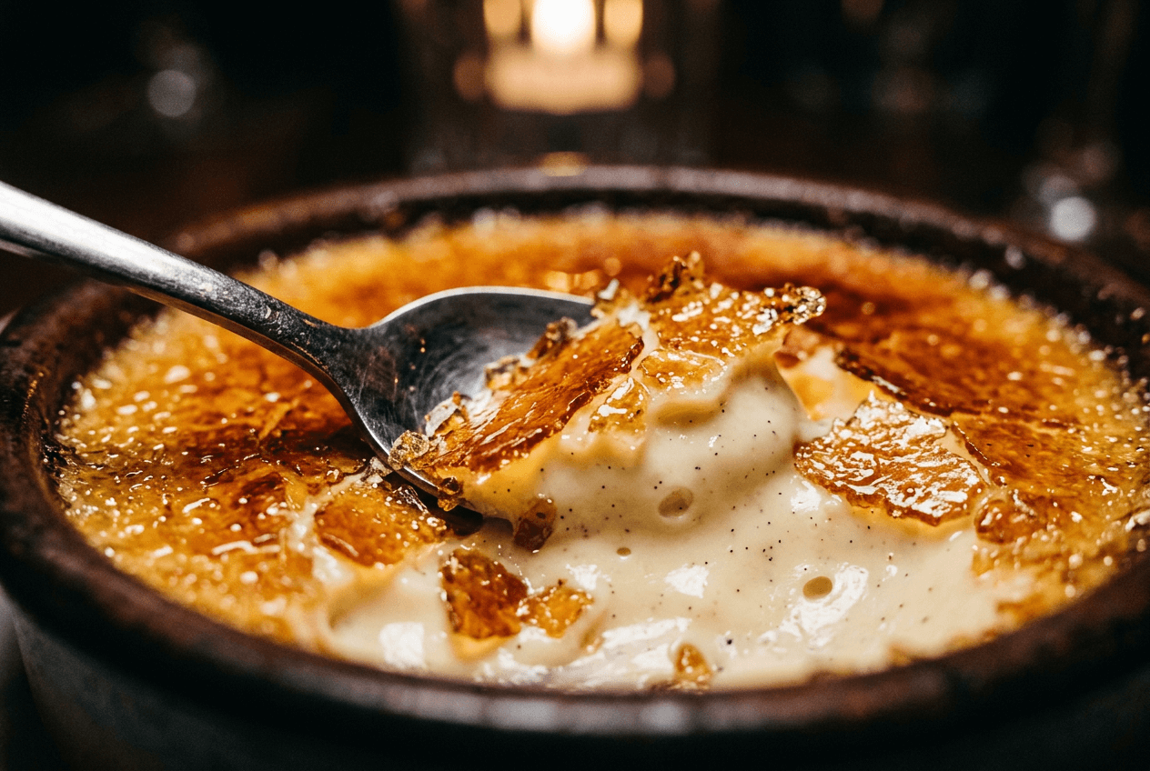 Primo piano macro di una crème brûlée che mostra il dettaglio della texture perfetto per la modalità macro dell'iPhone