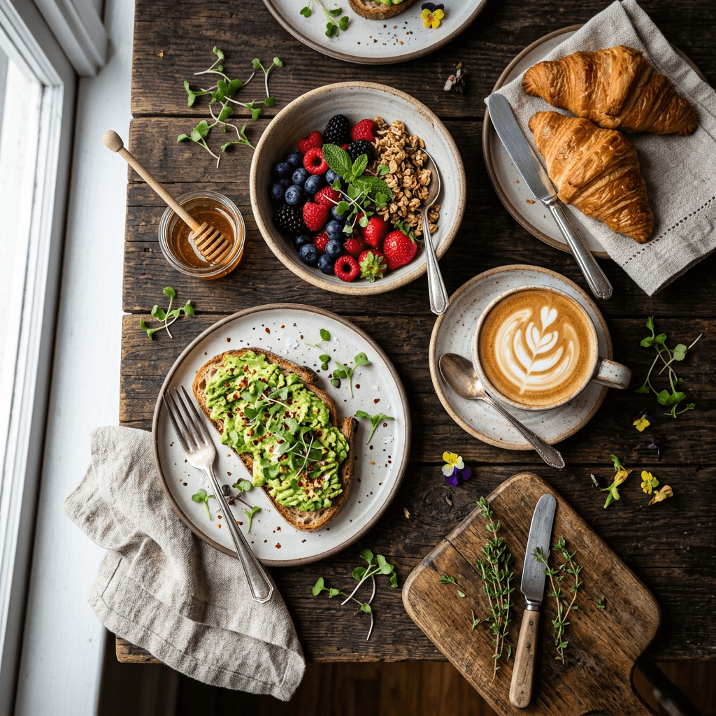 Flat-lay dall'alto di un brunch che mostra la composizione ideale per la fotografia cibo con iPhone