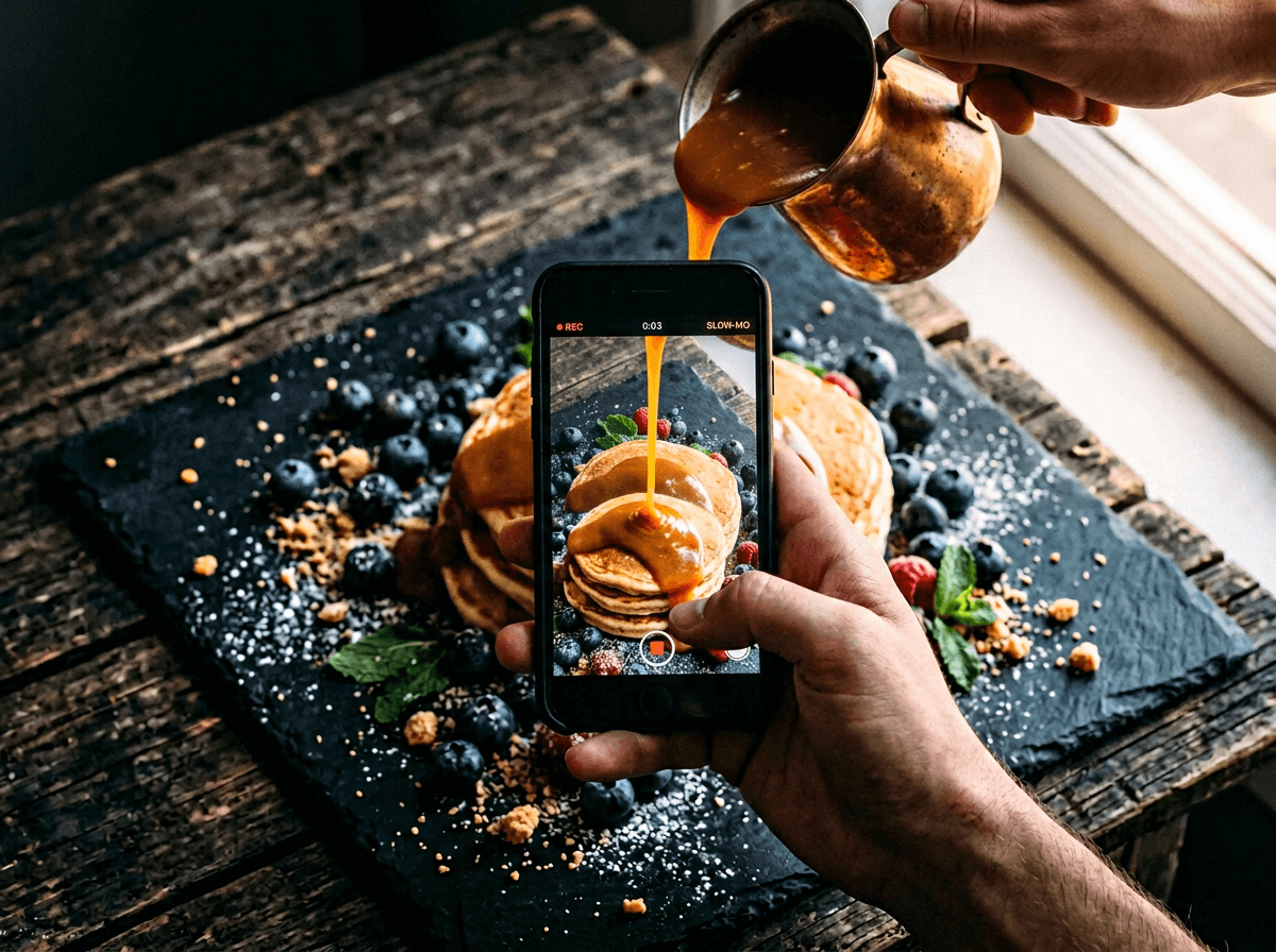 Ripresa di un video al rallentatore di salsa al caramello versata per Instagram Reels con iPhone