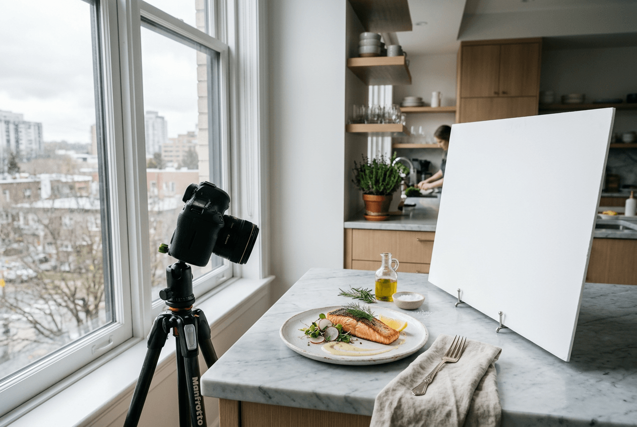 Setup con luce naturale da finestra e riflettore per la guida alle impostazioni fotocamera iPhone per foto cibo