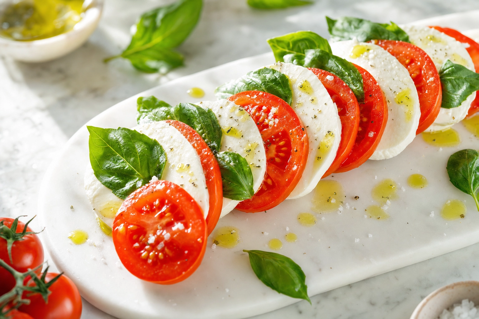 Bright caprese salad of tomato, mozzarella and basil on white marble showing the Italian flag colors
