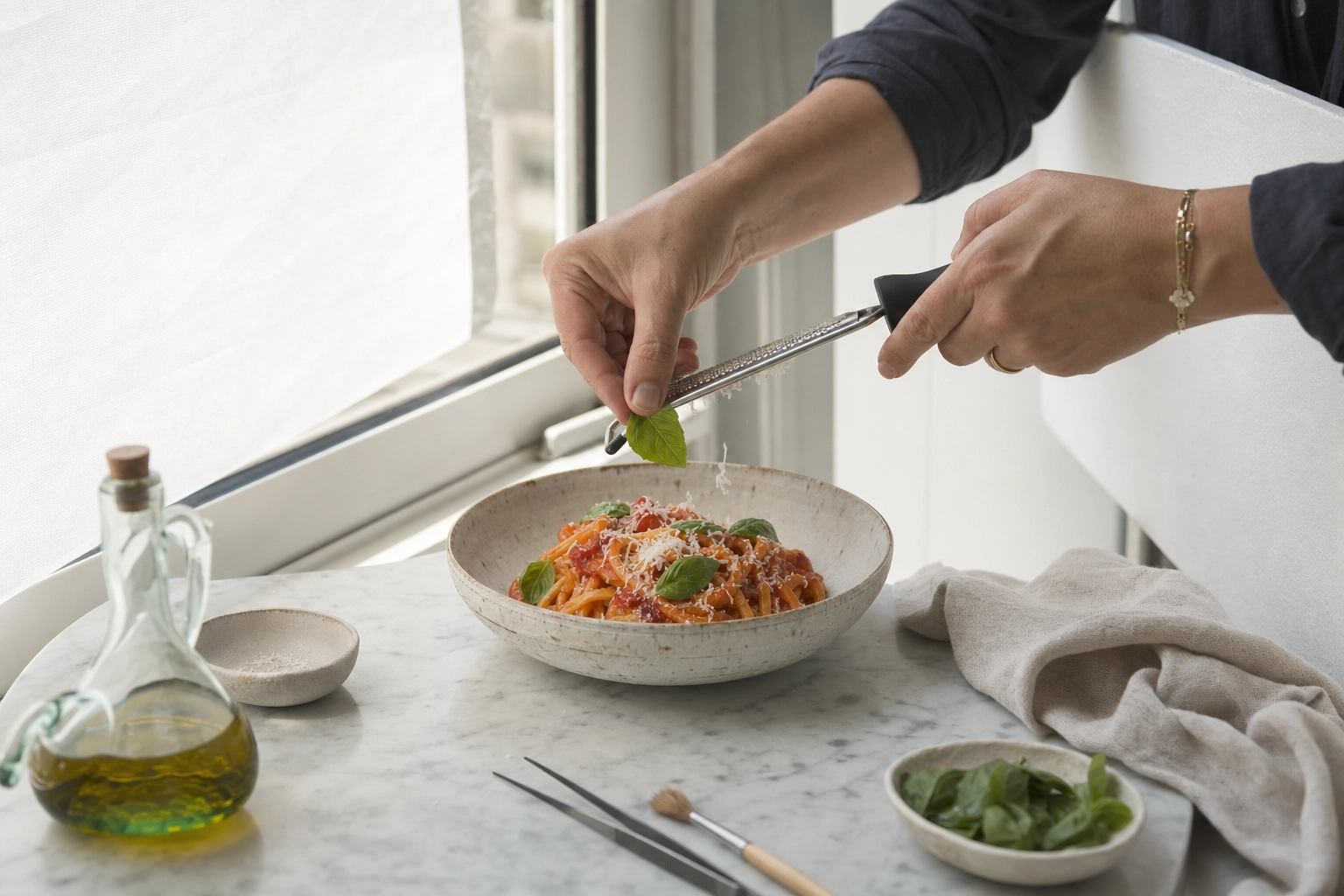 Food stylist's hands garnishing Italian pasta with basil beside a diffused window during a photo shoot