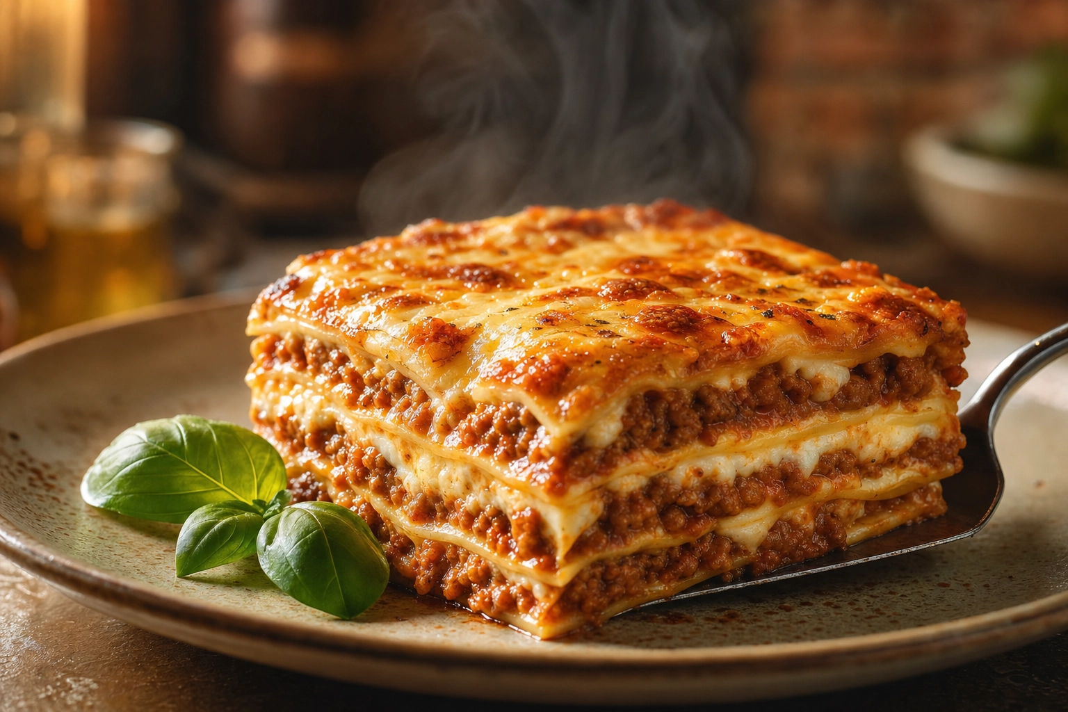 Cross-section of layered lasagna alla Bolognese showing pasta, ragu and bechamel in warm light