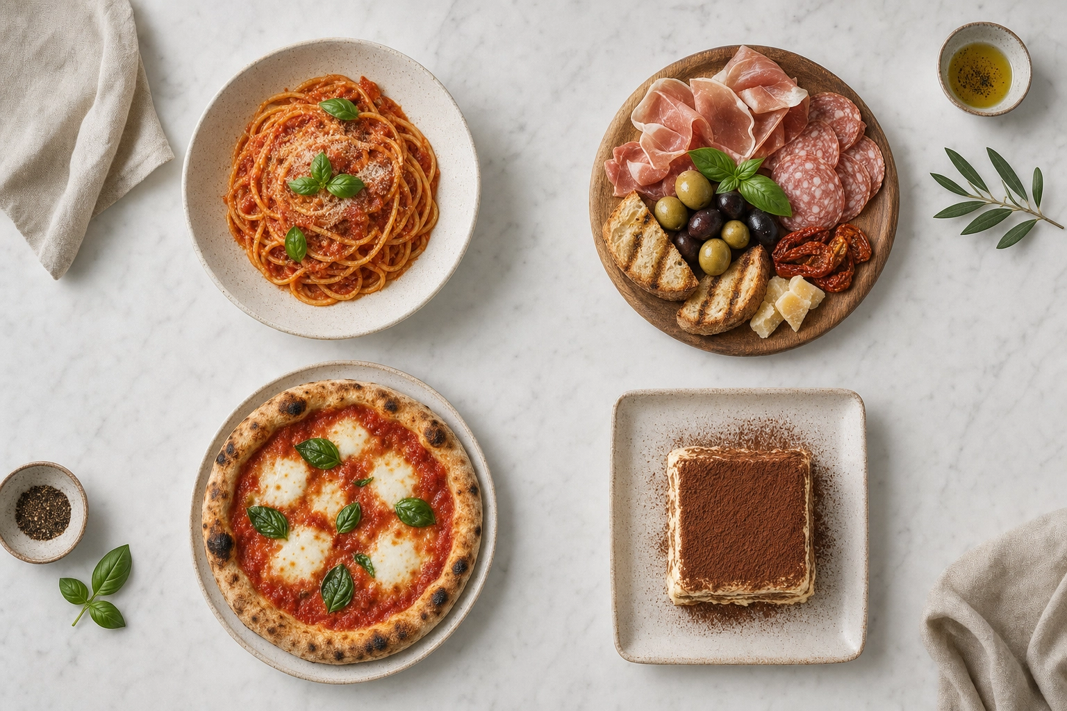 Overhead menu set of four Italian dishes styled consistently on marble for a restaurant brand