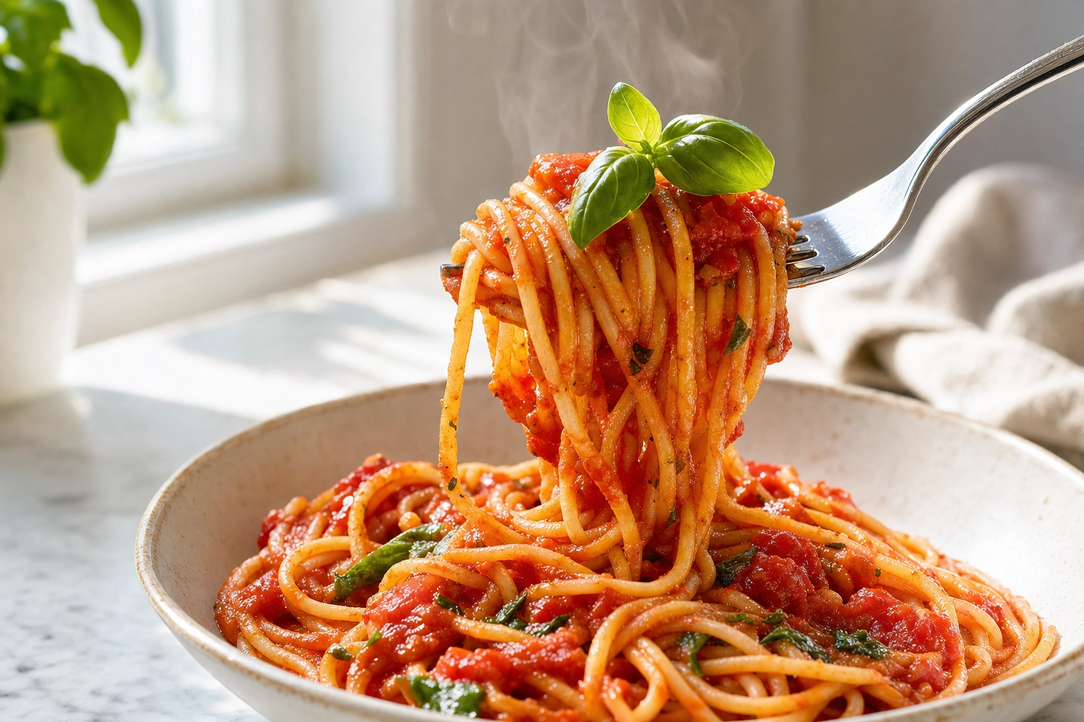 Forkful of spaghetti al pomodoro twirled above the bowl with fresh basil in bright natural light