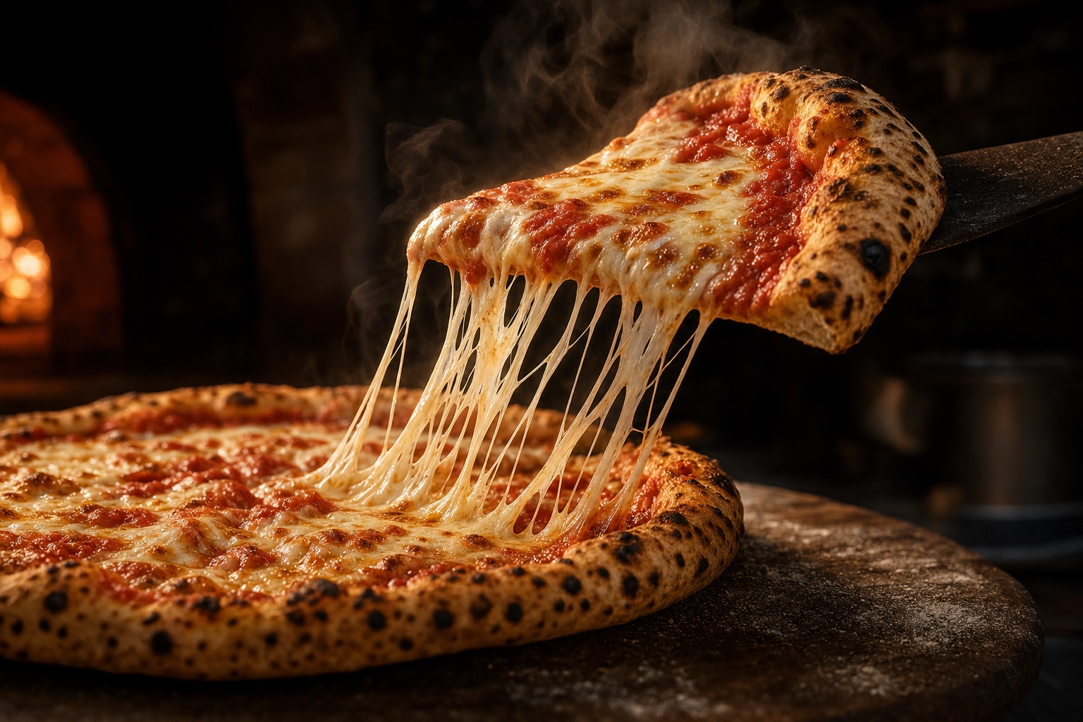 Cheese pull on a New York-style pizza slice with mozzarella strands stretching in dramatic side light