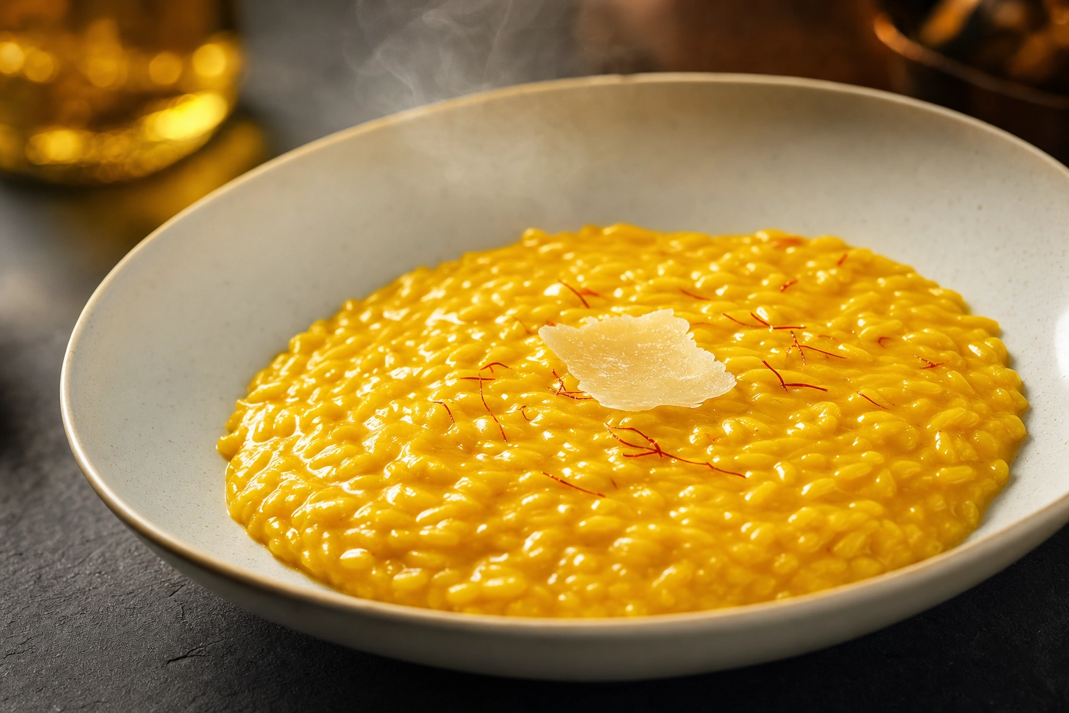 Close-up of saffron risotto alla Milanese showing the glossy all'onda wave in a wide shallow bowl