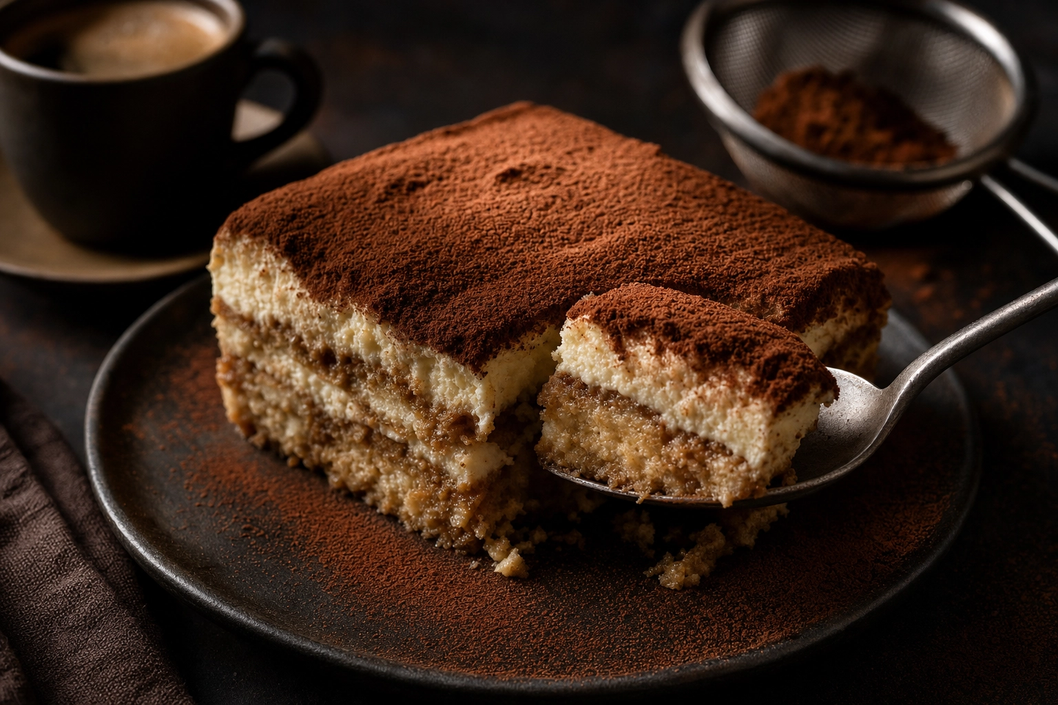 Moody tiramisu portion with a spoon revealing espresso-soaked layers and cocoa dusting beside espresso