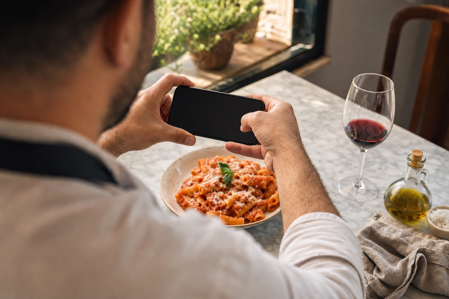 Restaurant owner photographing a bowl of pasta with a smartphone on a marble trattoria table