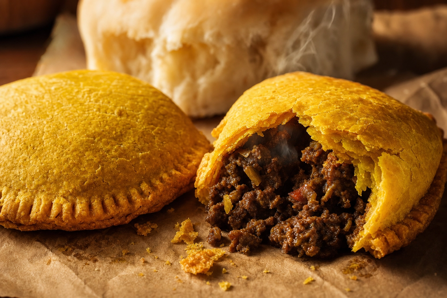 Jamaican beef patty broken open showing spiced filling and steam beside a whole flaky golden patty on brown paper