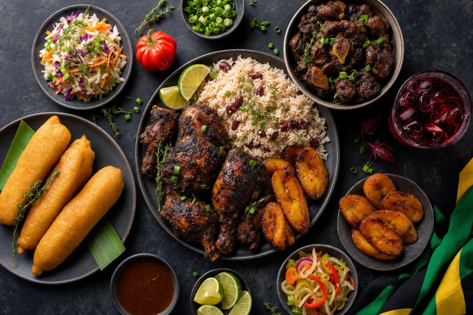 Overhead Jamaican food spread with jerk chicken, rice and peas, plantain, festival and oxtail on dark slate