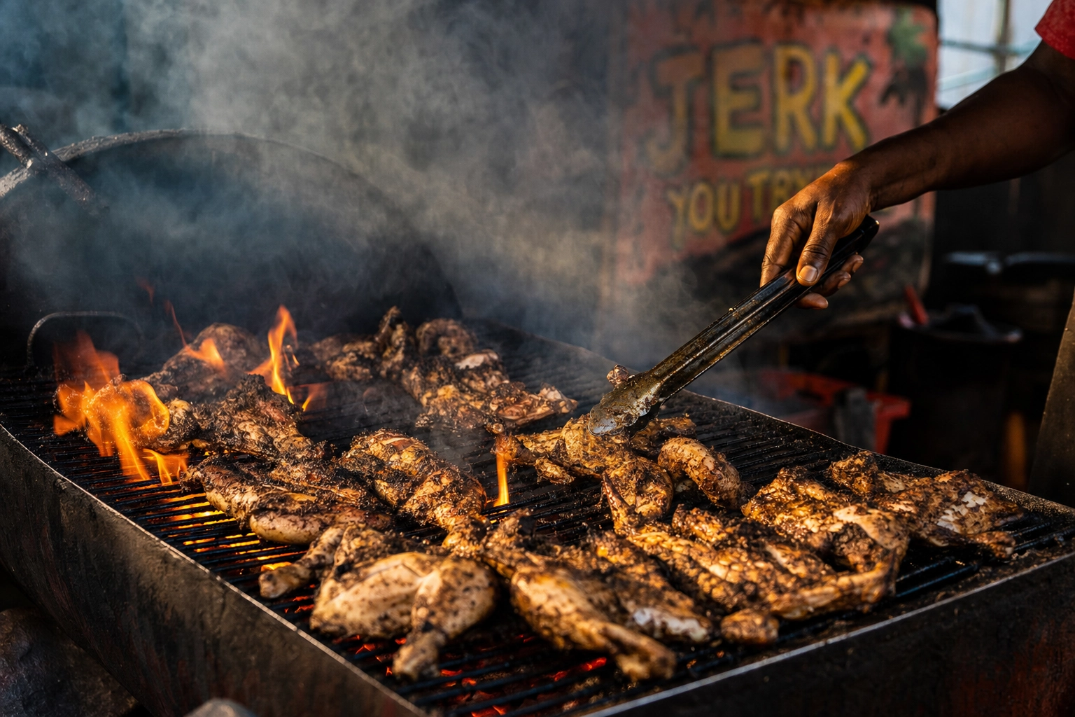Jamaican jerk chicken searing over pimento-wood coals and flames on an oil-drum grill with billowing smoke