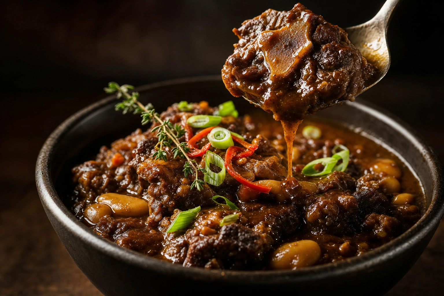 Glossy Jamaican oxtail with rich mahogany gravy and butter beans, side-lit spoon drizzle over a dark bowl