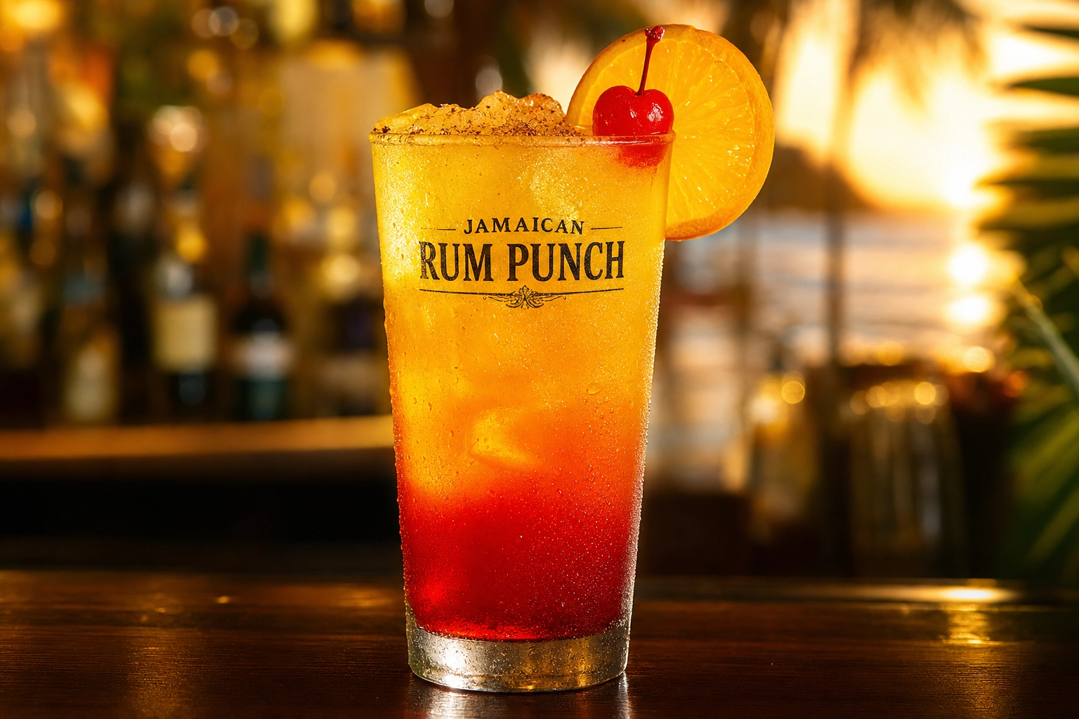 Layered red-orange Jamaican rum punch glowing backlit with orange wheel, cherry and grated nutmeg on a dark bar