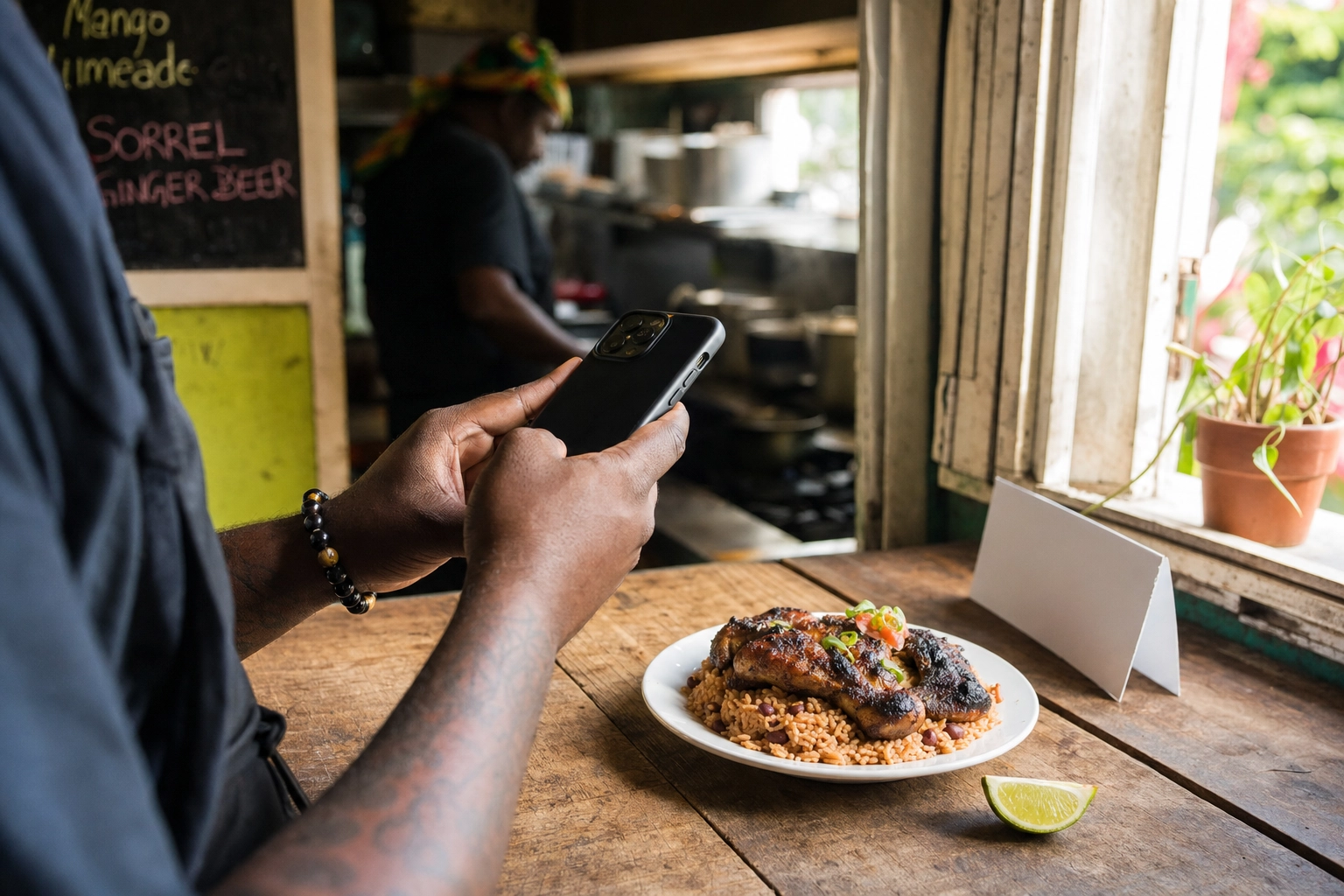 Cook photographing a plate of jerk chicken and rice with a smartphone by a sunlit window in a Caribbean restaurant