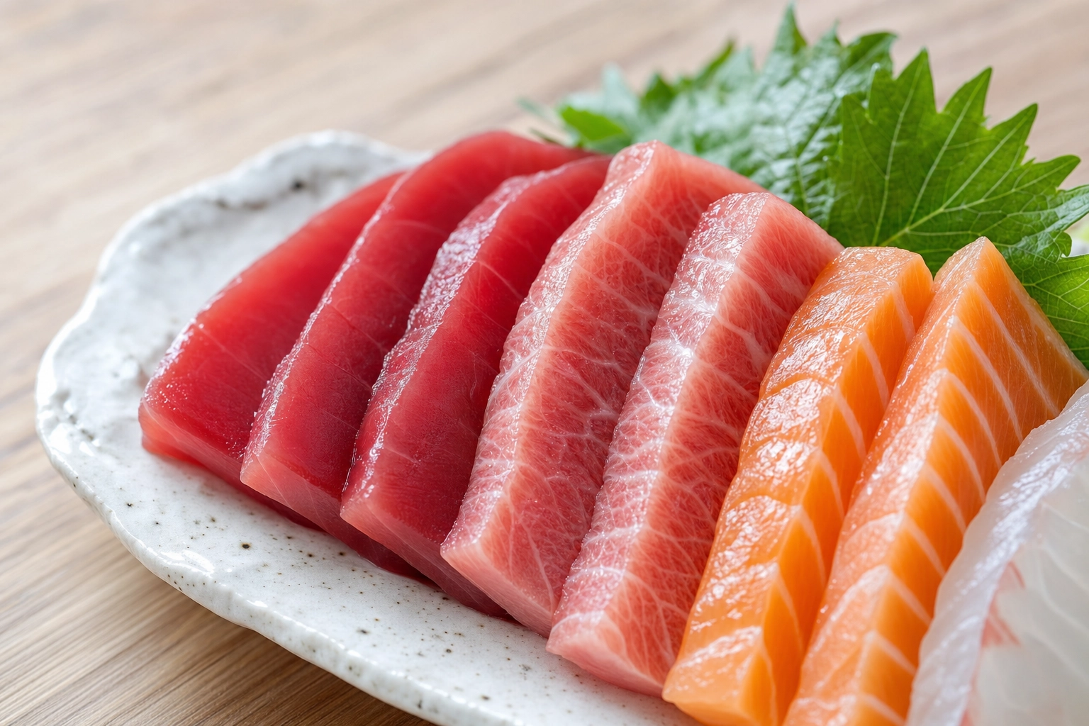 Close-up of fresh tuna and salmon sashimi under cool soft side light showing the freshness sheen