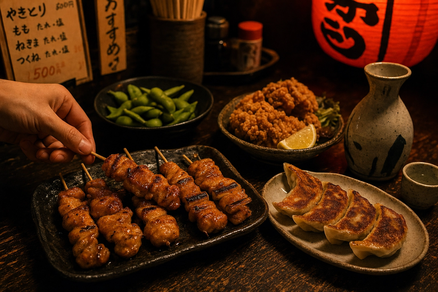Moody izakaya spread with yakitori, karaage, gyoza and sake under warm tungsten light on dark wood