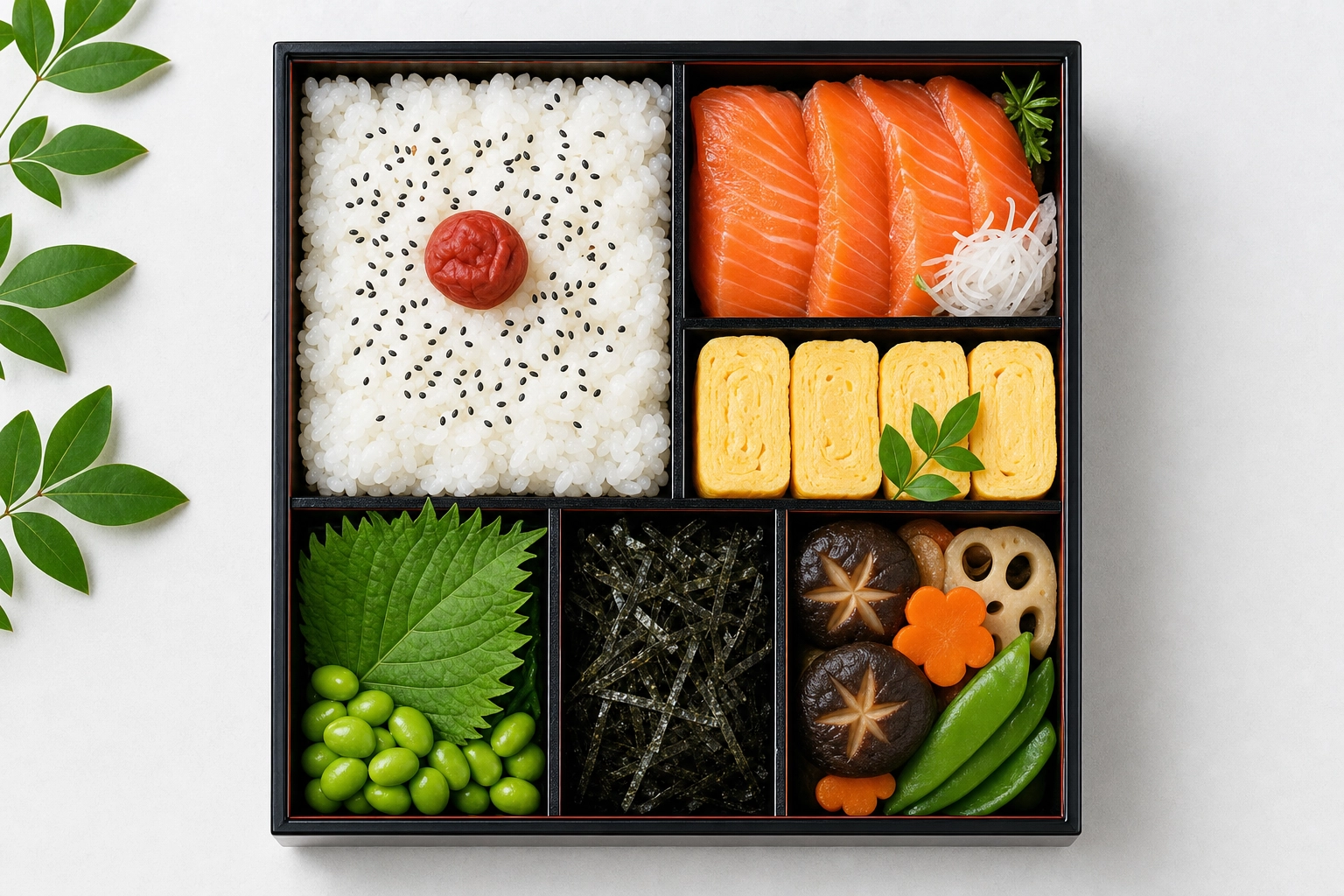 Overhead lacquer bento box with color-blocked compartments showing the five Japanese colors