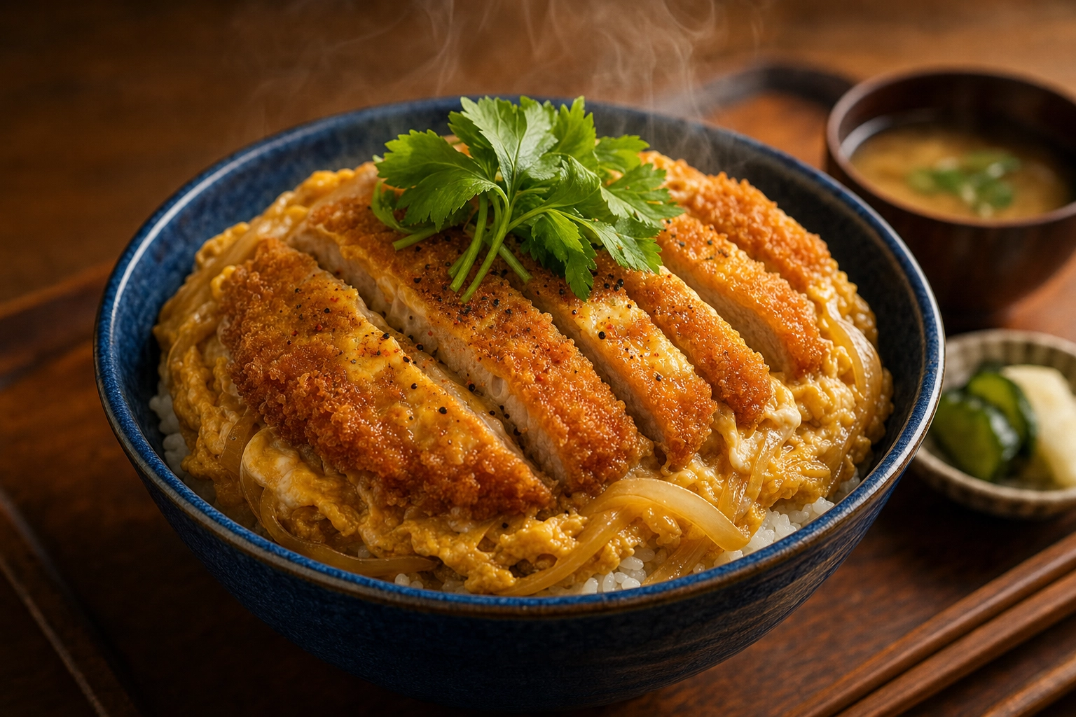 Katsudon donburi rice bowl shot at 45 degrees showing the fried cutlet and glossy egg over rice