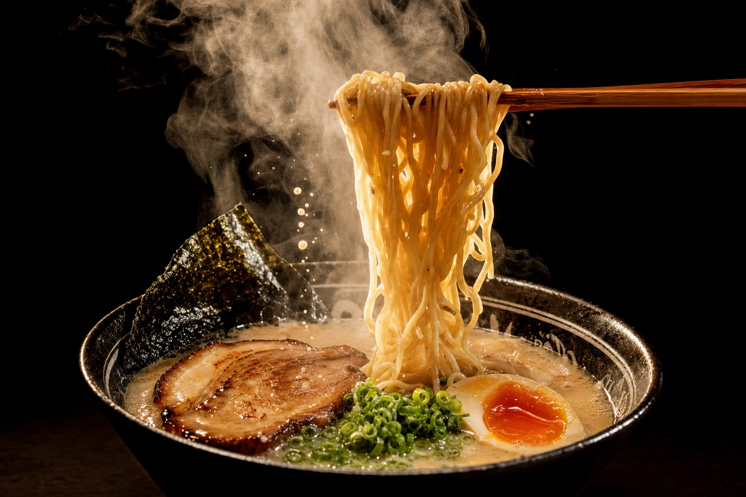 Chopsticks lifting ramen noodles above a tonkotsu bowl with backlit steam against a dark background