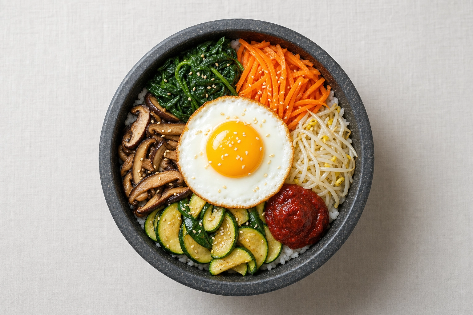 Overhead bibimbap in a stone bowl with colorful seasoned vegetables arranged around a centered glossy egg yolk