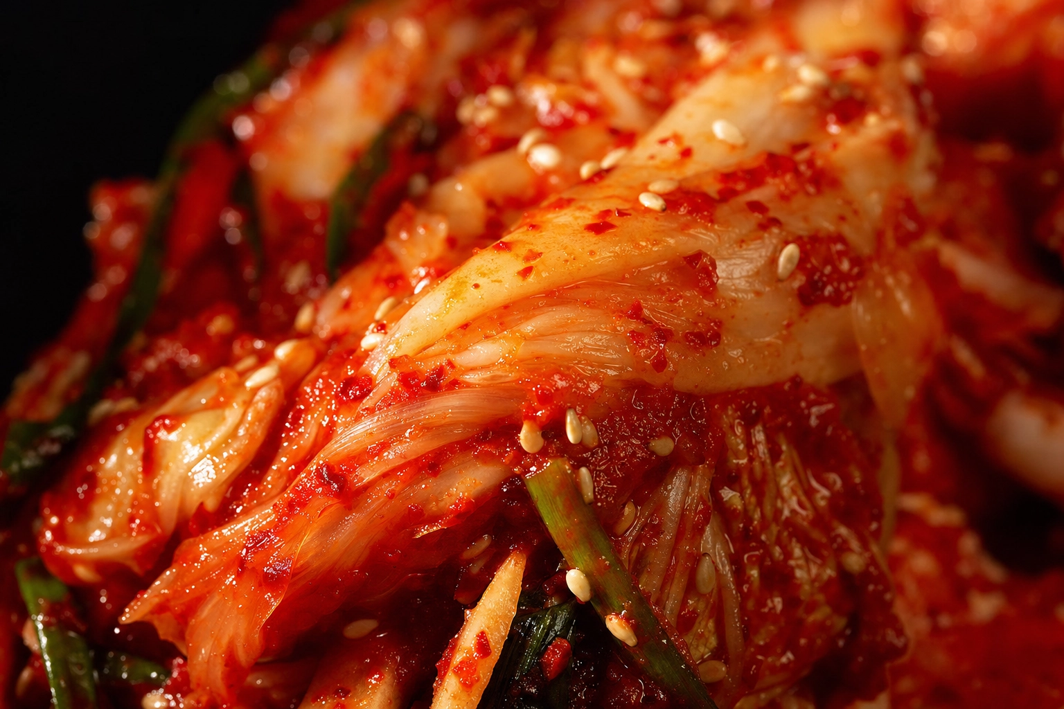 Extreme close-up of glossy red napa cabbage kimchi coated in gochugaru chili flakes with sesame seeds and scallion