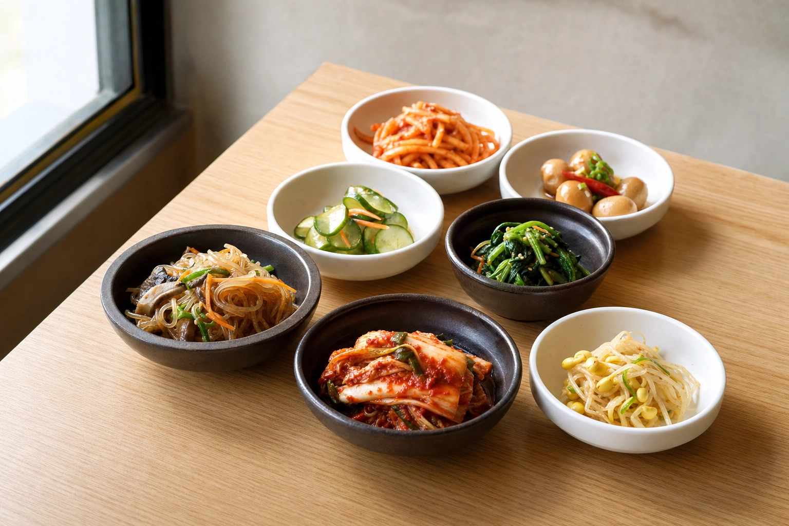 Assortment of Korean banchan side dishes in small bowls including kimchi, radish kkakdugi and japchae on a wood table