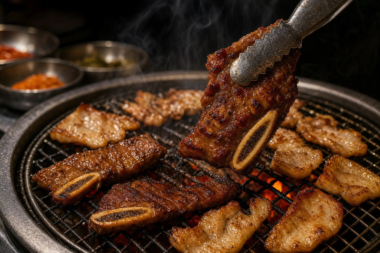 Close-up of marinated Korean BBQ short ribs and pork belly searing with steam and char on a charcoal tabletop grill