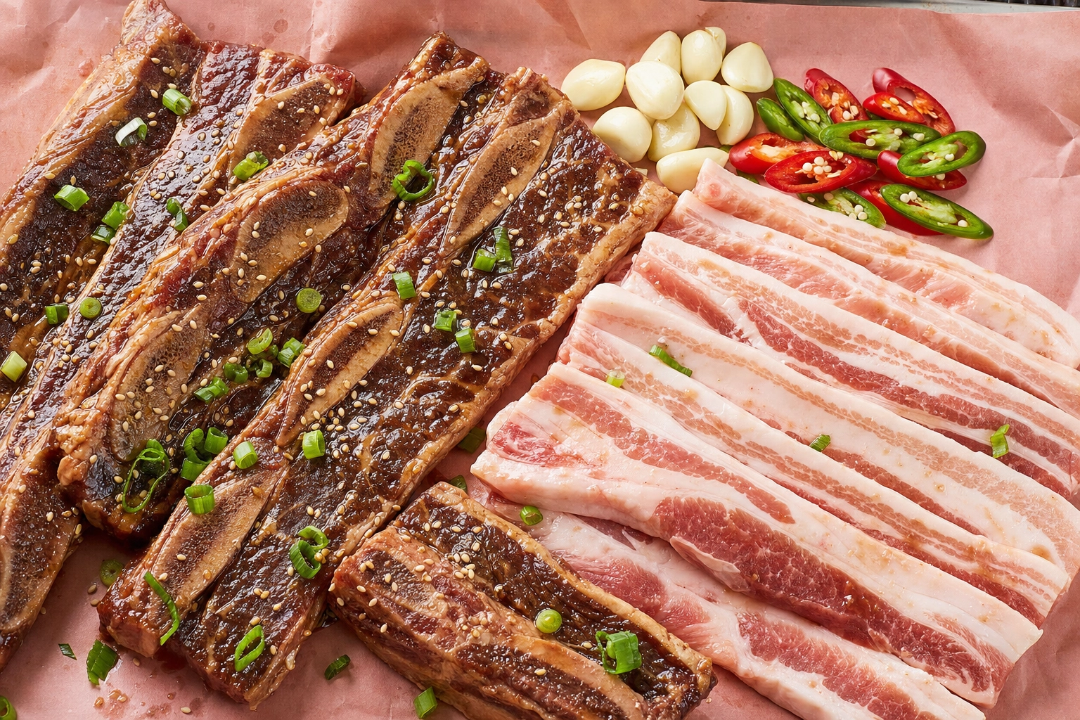 Raw marinated Korean galbi short ribs and sliced pork belly on butcher paper ready for the barbecue grill