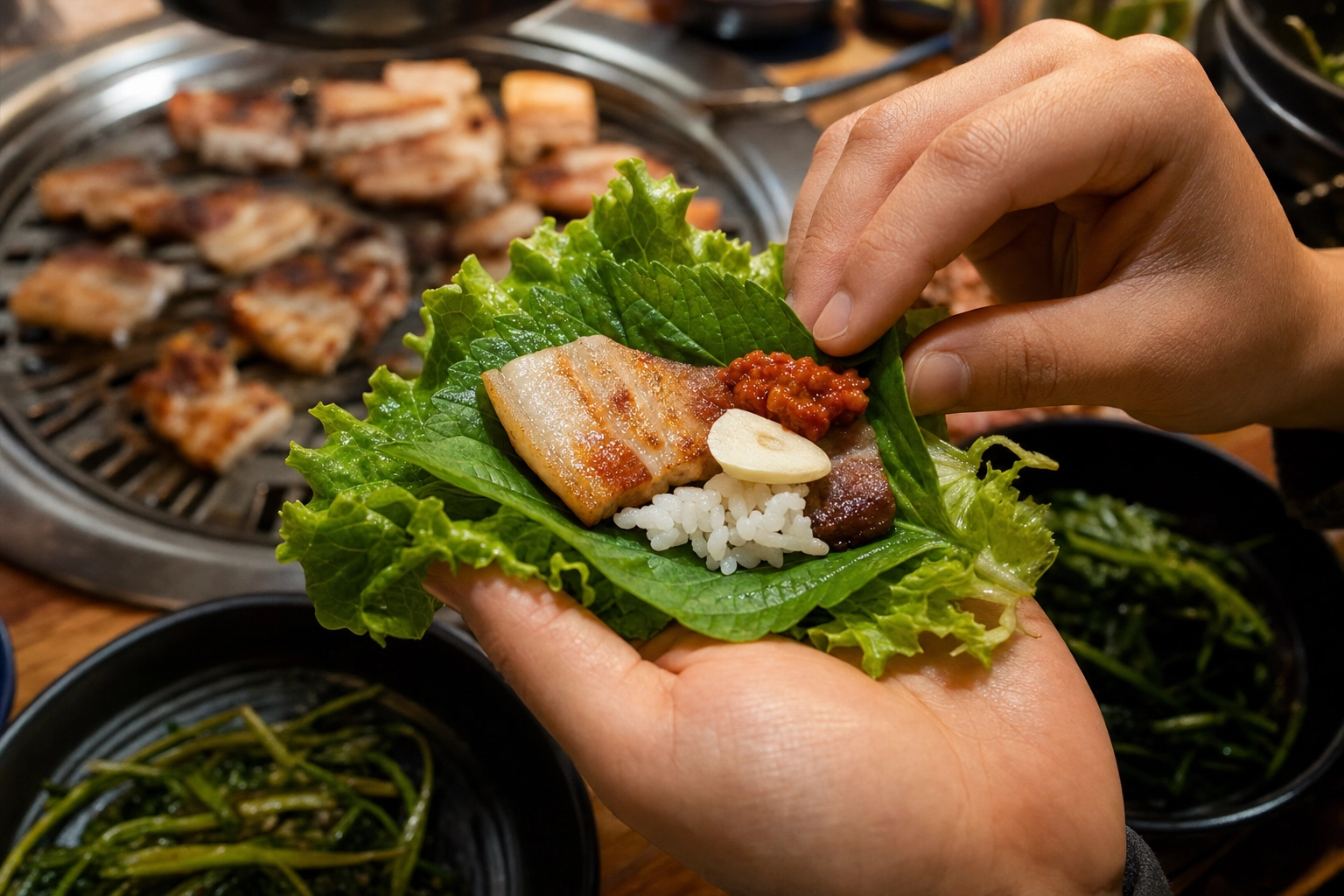 Hands building a Korean ssam lettuce wrap with grilled pork belly, ssamjang and garlic at a barbecue table