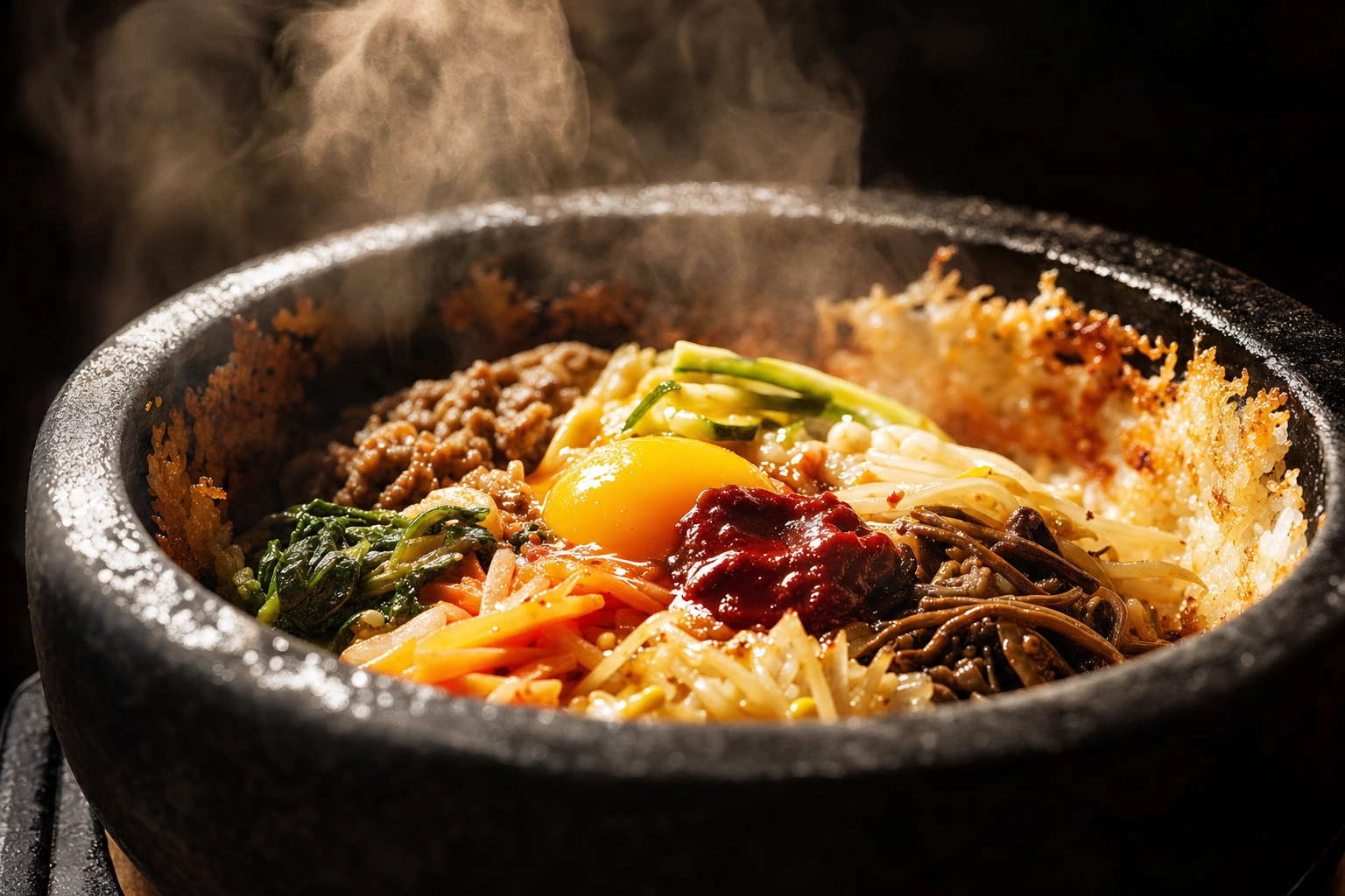 Low-angle dolsot bibimbap in a sizzling hot stone bowl with rising steam, crispy rice crust and a glossy egg on top