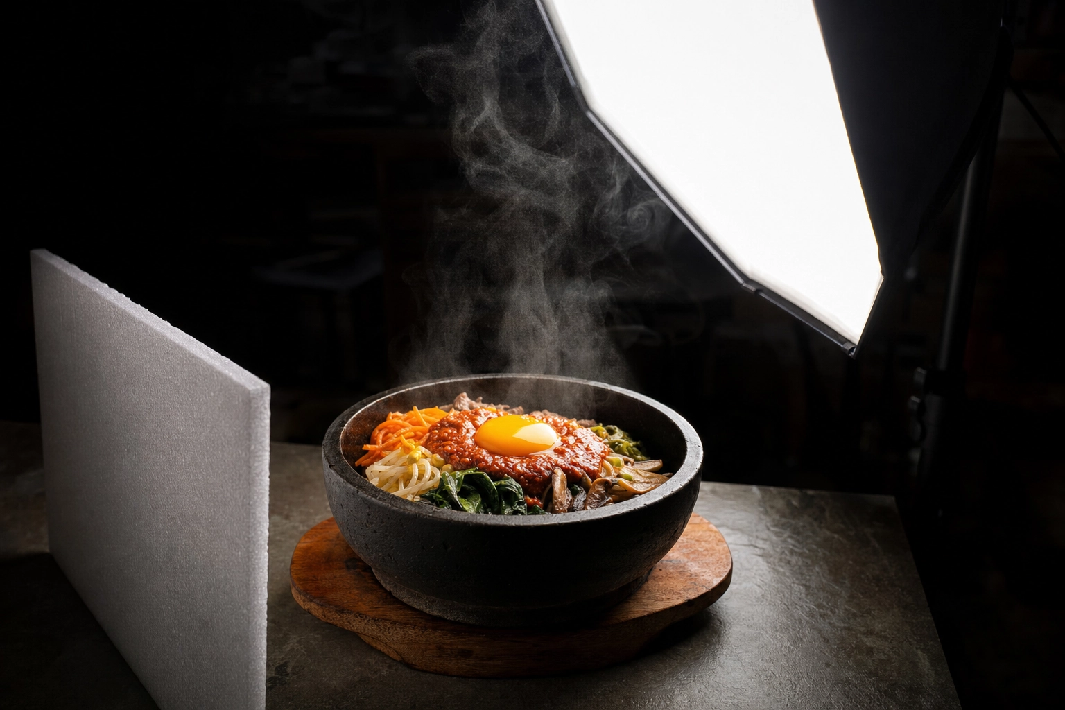 Food photography lighting setup using one side softbox and a white bounce card to light a steaming Korean bibimbap