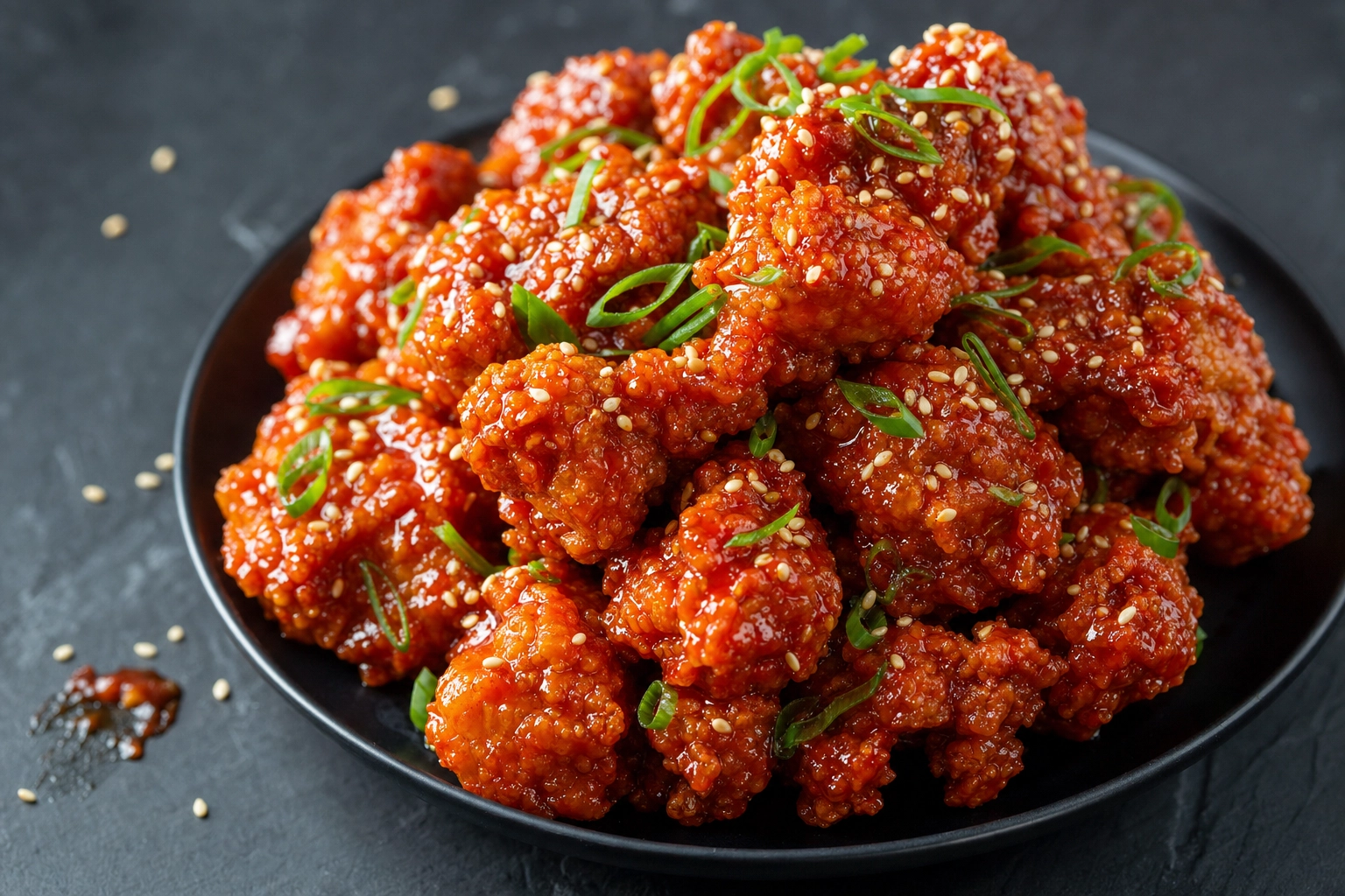 Close-up of glossy Korean fried chicken coated in red yangnyeom sauce with sesame seeds and scallion on a black plate