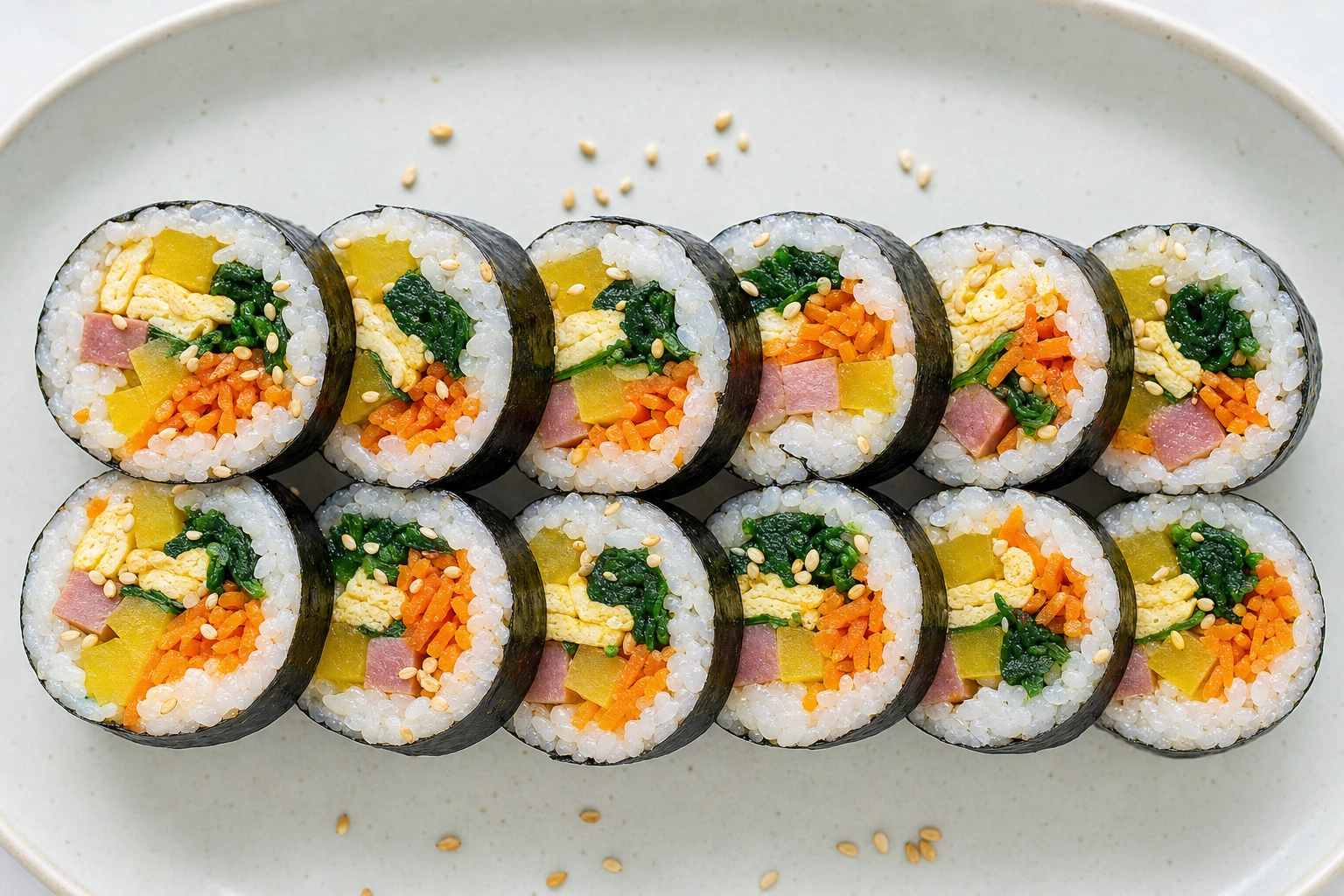 Overhead view of sliced Korean gimbap rolls showing colorful cross-sections of rice, vegetables and egg in seaweed