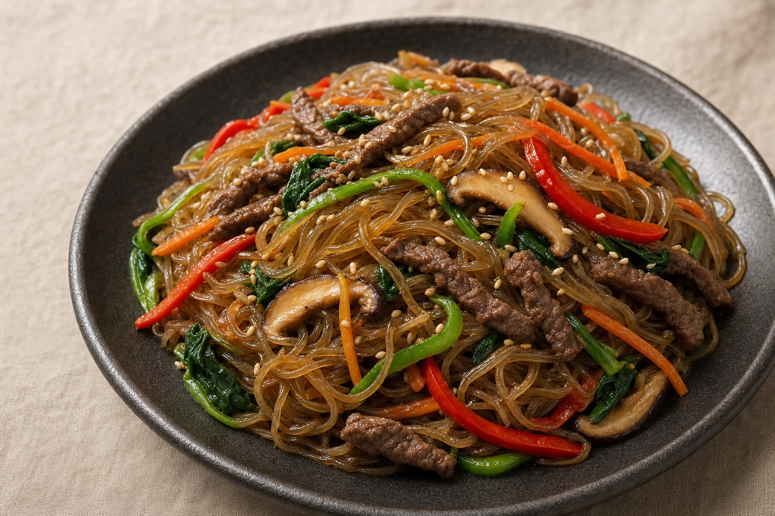Close-up of glossy Korean japchae glass noodles with beef, peppers, carrot and sesame seeds in a dark dish