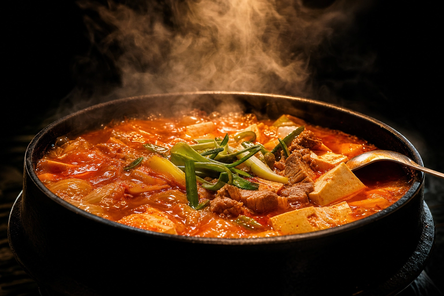 Low-angle shot of bubbling red Korean kimchi jjigae stew in an earthenware pot with steam rising against a dark background