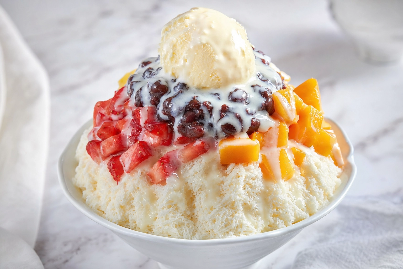 Tall Korean patbingsu shaved ice dessert with red bean paste, strawberry, mango and ice cream in a white bowl