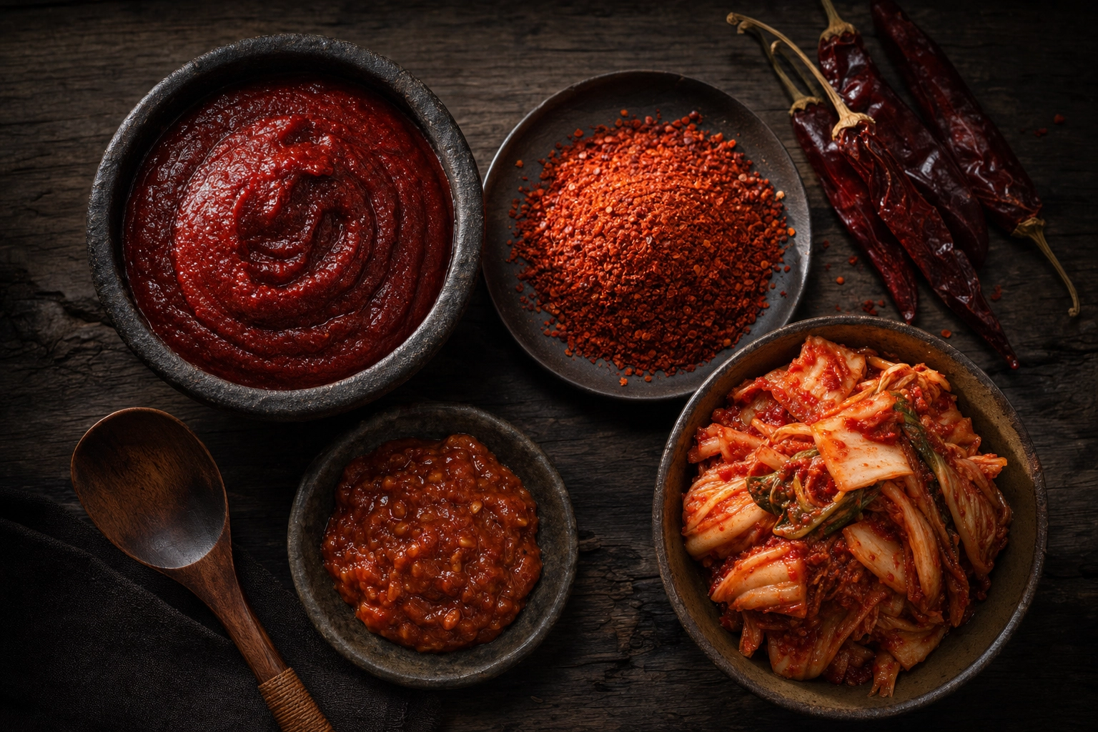 Overhead still life of Korean red condiments including gochujang paste, gochugaru flakes, ssamjang and kimchi on dark wood