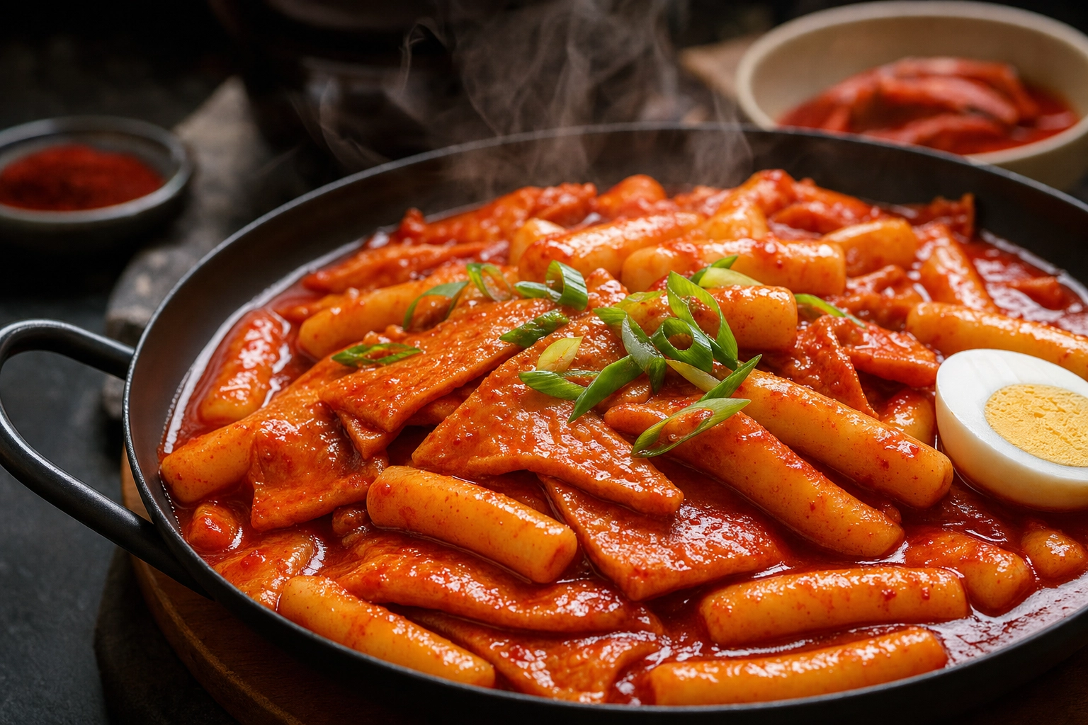 Tteokbokki rice cakes simmering in glossy red gochujang sauce with scallion and boiled egg in a black pan