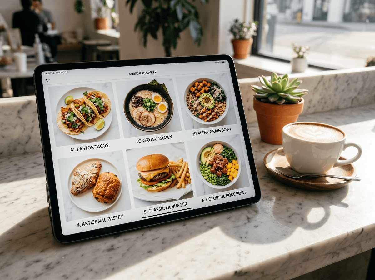 Tablet displaying consistent AI-generated food photos of diverse LA restaurant menu items