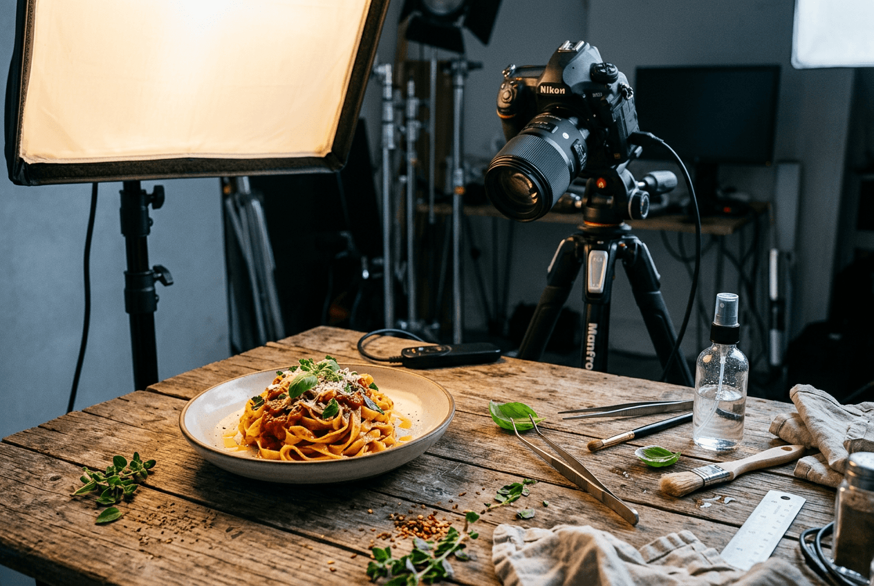 Professional food photography studio setup showing expensive lighting equipment and styling tools in Los Angeles