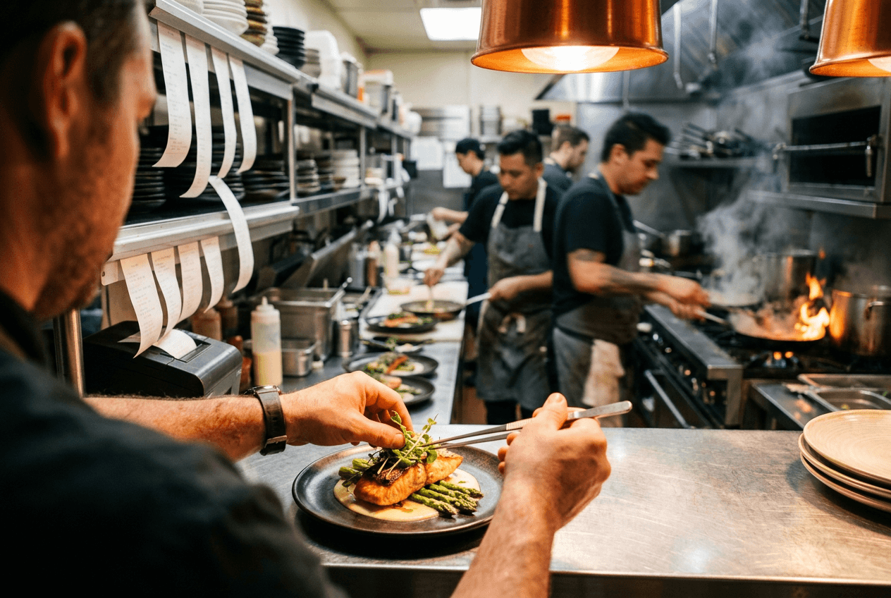 Busy LA restaurant kitchen during service showing why scheduling food photography is challenging