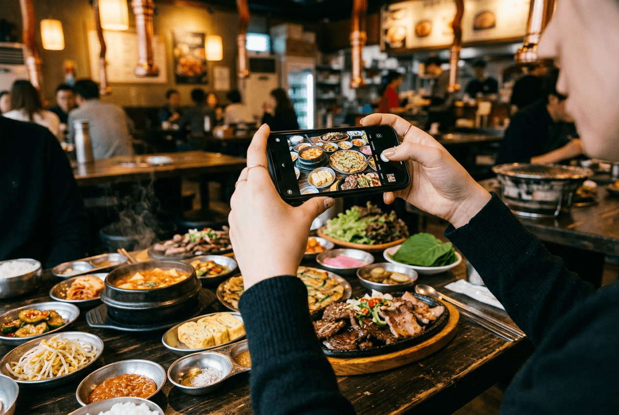 Smartphone photographing Korean BBQ spread for AI food photography transformation at an LA restaurant