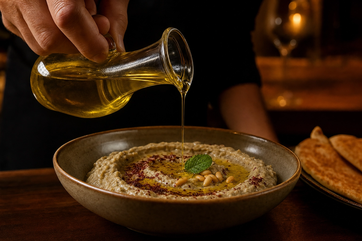 Hand pouring olive oil over smoky baba ghanoush dusted with sumac on a dark walnut counter, warm light