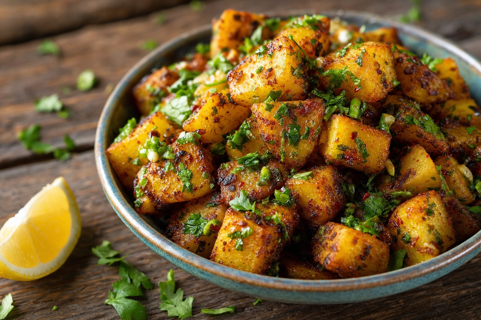 Lebanese batata harra — crispy fried potato cubes with garlic, cilantro and chili — in a rustic bowl