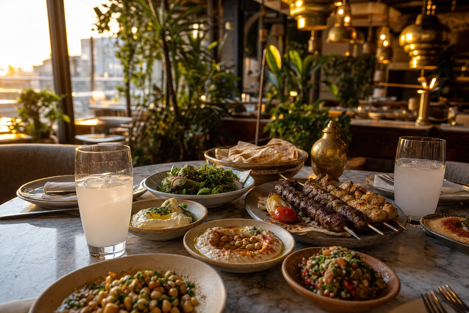 Warm Beirut-style Lebanese mezze restaurant table set for sharing at golden hour with small plates and arak