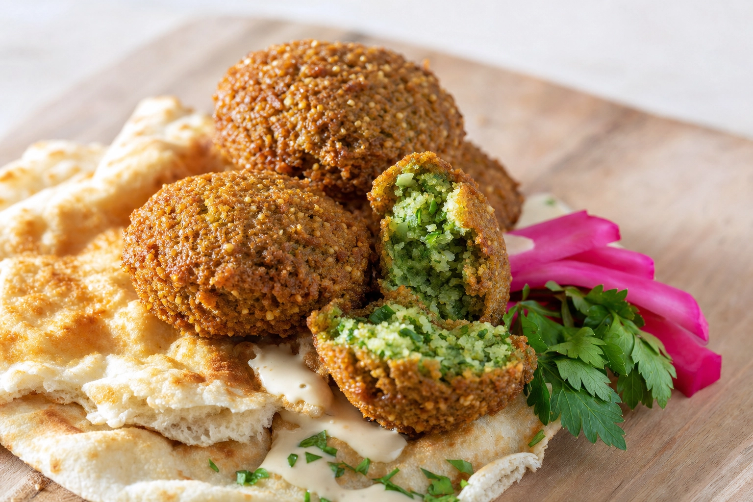 Lebanese falafel cracked open showing green herb interior beside pita, tahini and pink pickles on wood