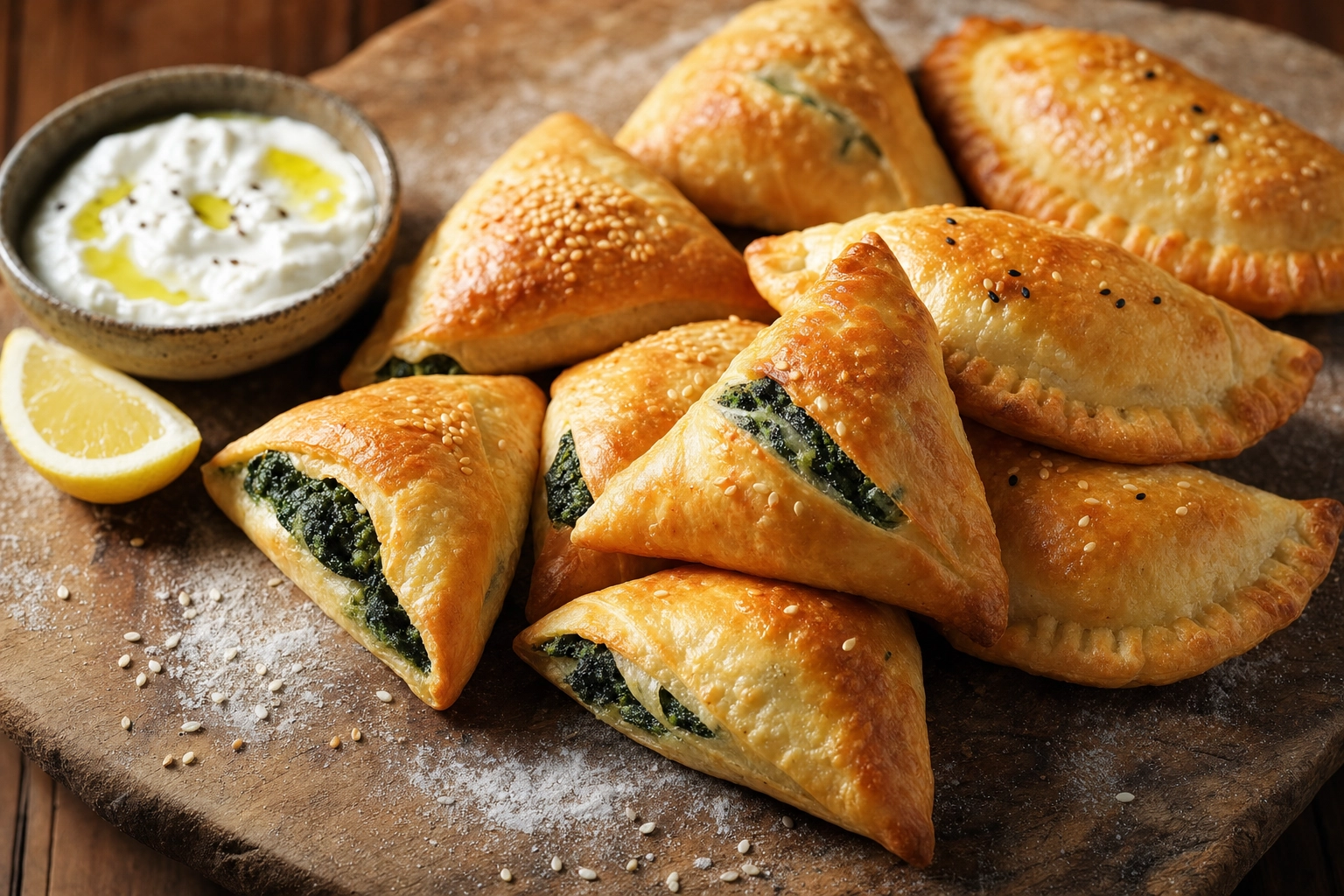 Golden Lebanese hot-mezze pastries — spinach fatayer and meat sambousek — on a rustic wooden board